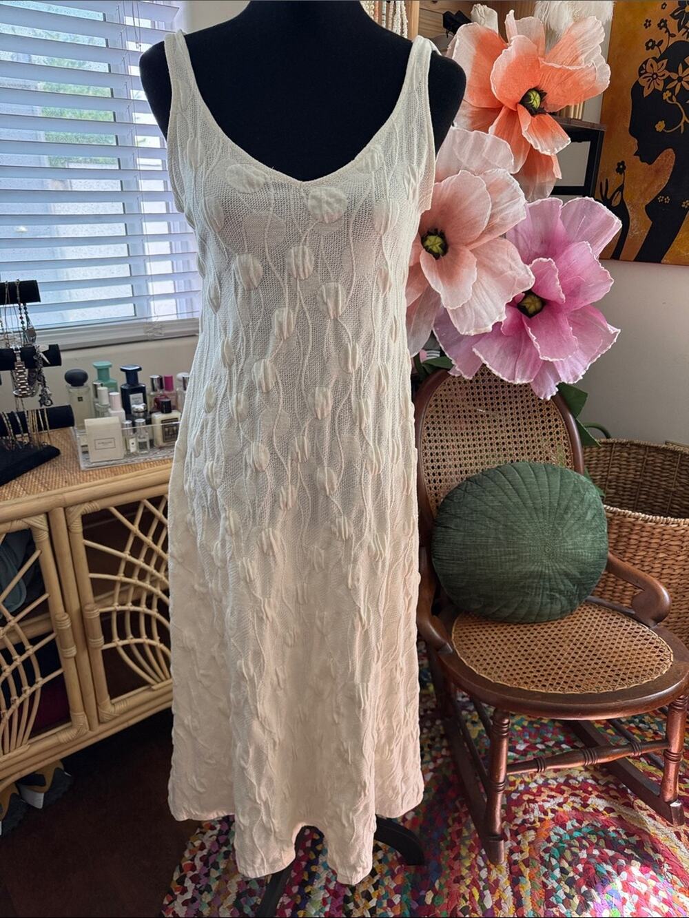 Zara Cream Vine Knit Textured Boho Hamptons Resort Chic Femme Midi Maxi Dress